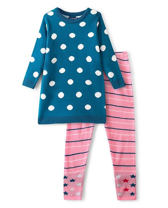 Pine Kids Female Full Sleeves Tunic and Full Length Bottom Sweater Set Polka Dots Design & Striped - Blue & Pink