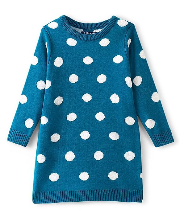Pine Kids Female Full Sleeves Tunic and Full Length Bottom Sweater Set Polka Dots Design & Striped - Blue & Pink