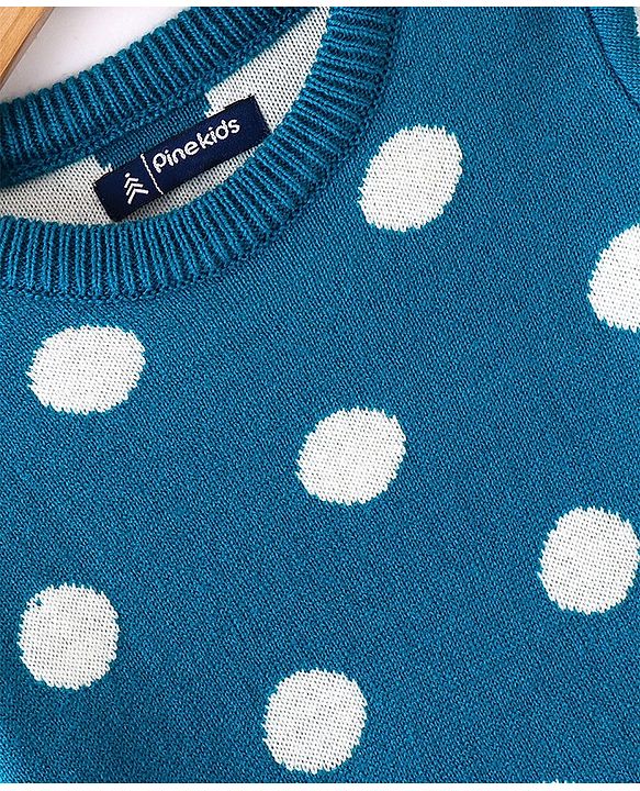 Pine Kids Female Full Sleeves Tunic and Full Length Bottom Sweater Set Polka Dots Design & Striped - Blue & Pink