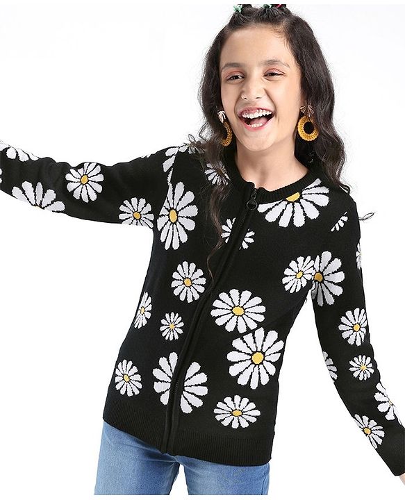 Pine Kids Full Sleeves Front Open Zipper Floral Design Sweater - Black