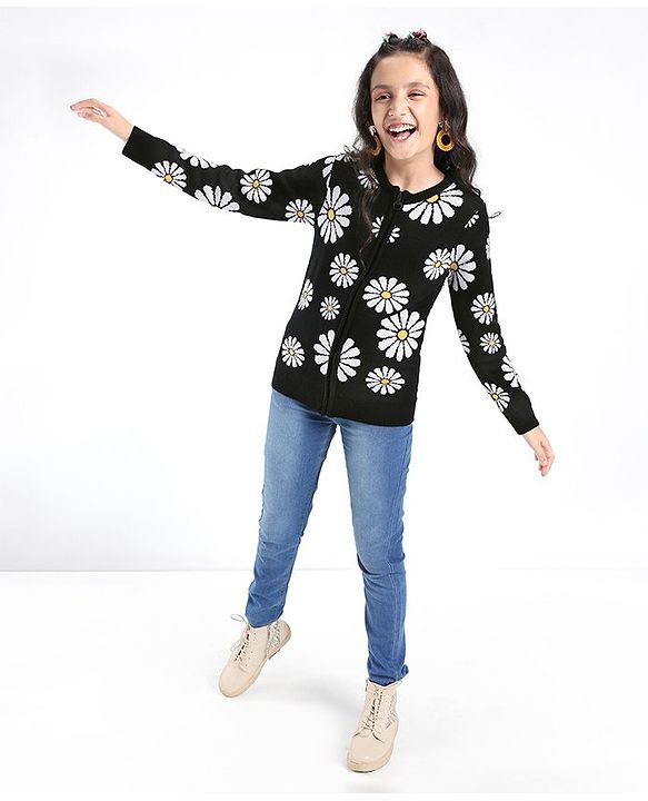 Pine Kids Full Sleeves Front Open Zipper Floral Design Sweater - Black