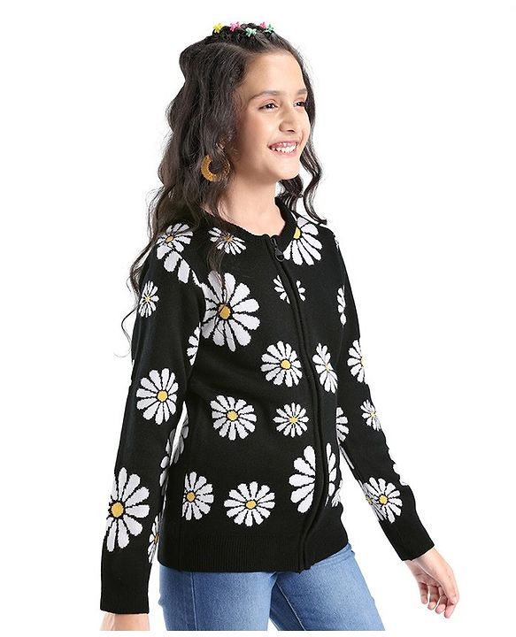 Pine Kids Full Sleeves Front Open Zipper Floral Design Sweater - Black