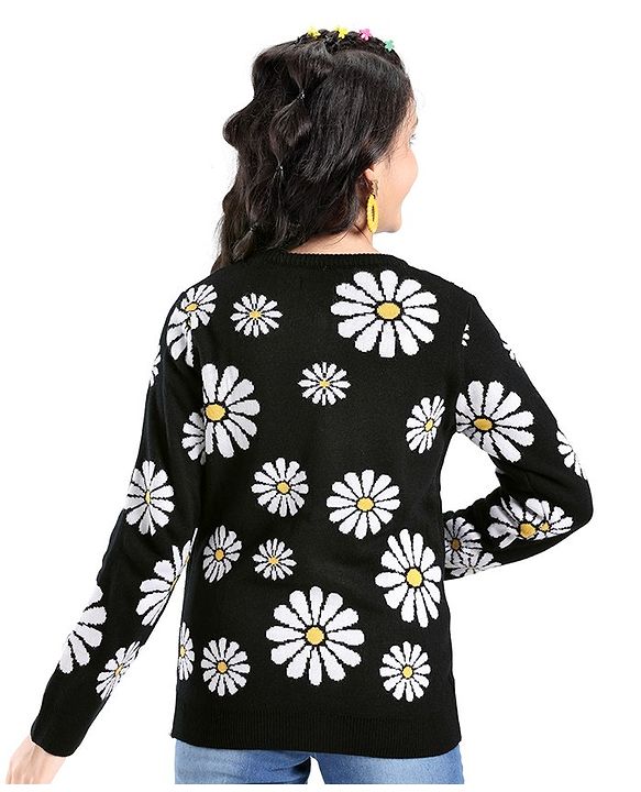 Pine Kids Full Sleeves Front Open Zipper Floral Design Sweater - Black