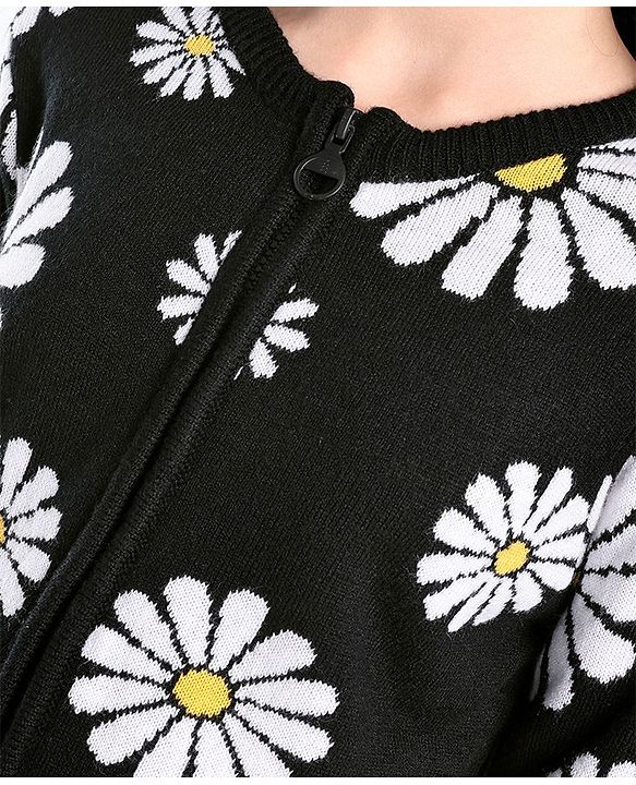 Pine Kids Full Sleeves Front Open Zipper Floral Design Sweater - Black