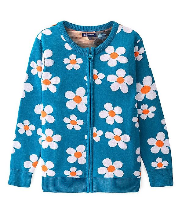 Pine Kids Full Sleeves Foral Structured Front Open Zipper Sweater - Teal Blue