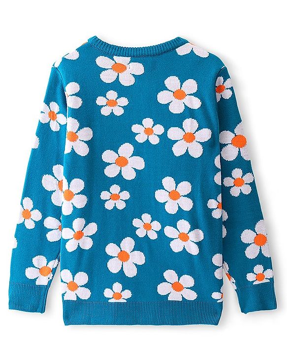 Pine Kids Full Sleeves Foral Structured Front Open Zipper Sweater - Teal Blue