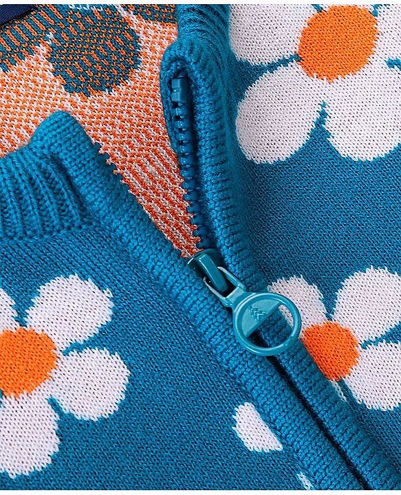 Pine Kids Full Sleeves Foral Structured Front Open Zipper Sweater - Teal Blue