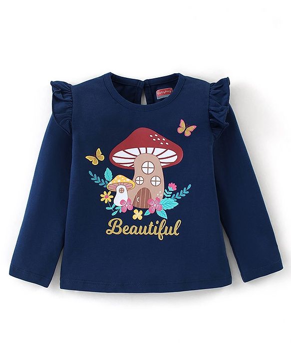 Babyhug Cotton Full Sleeves Tee With Butterfly Graphics & Frill Detailing - Navy Blue