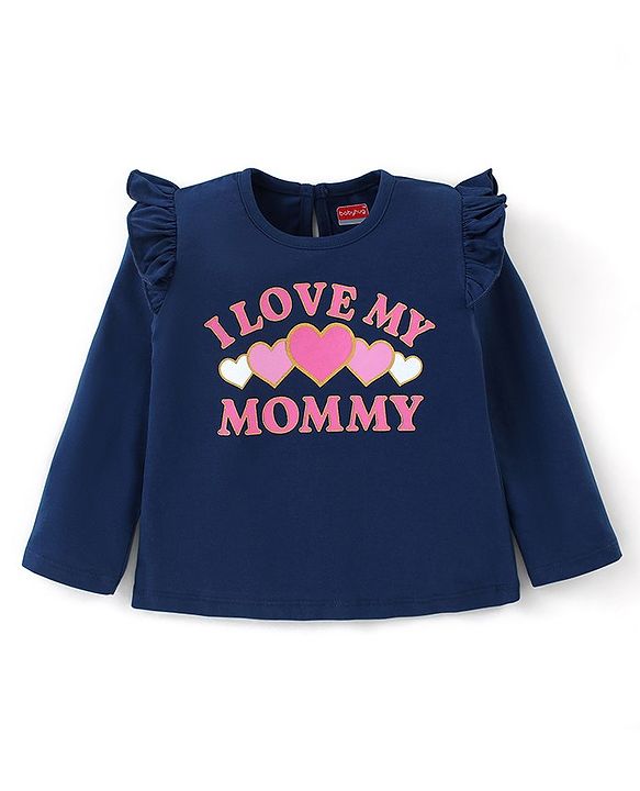 Babyhug Cotton Full Sleeves Tee With Text Graphics & Frill Detailing - Navy Blue