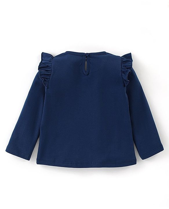 Babyhug Cotton Full Sleeves Tee With Text Graphics & Frill Detailing - Navy Blue