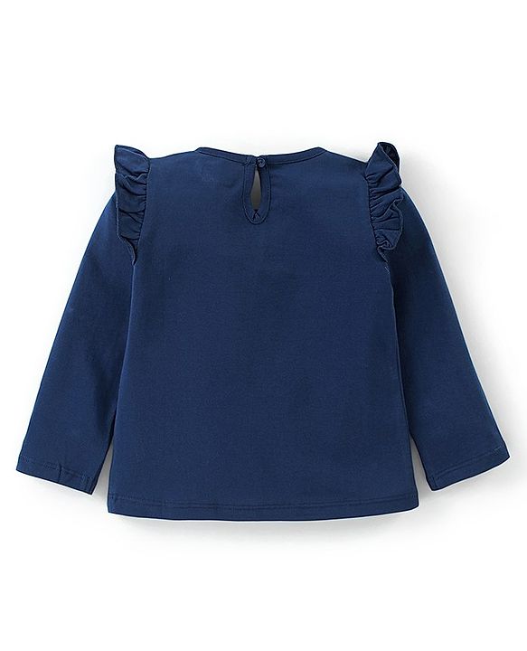 Babyhug Full Sleeves Tee With Text Graphics & Frill Detailing - Navy Blue