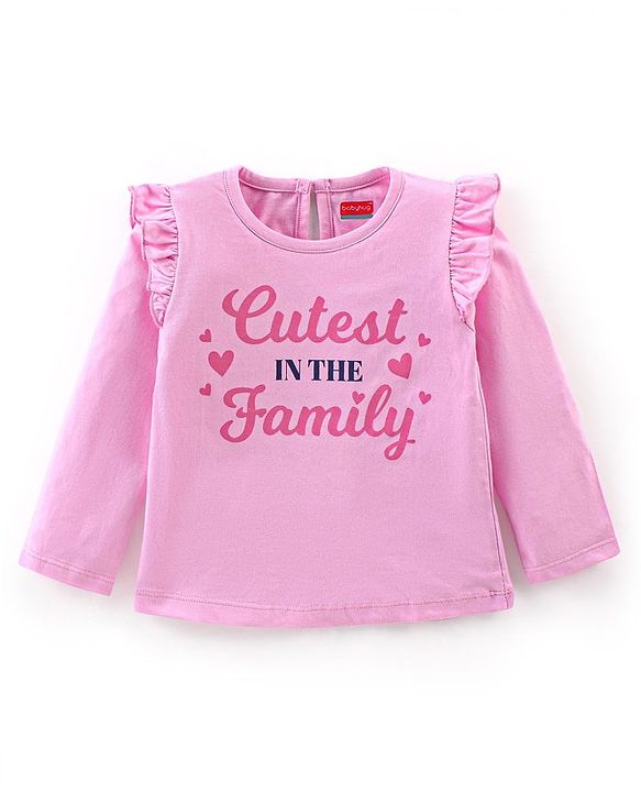 Babyhug Cotton Full Sleeves Tee With Frill Detailing & Text Graphics- Pink