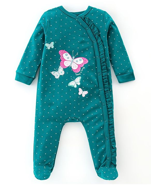 Babyhug Interlock Cotton Knit Full Sleeves Footed Sleepsuit with Butterfly Print - Blue