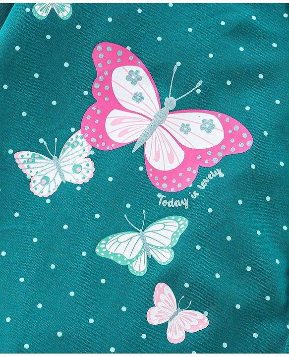 Babyhug Interlock Cotton Knit Full Sleeves Footed Sleepsuit with Butterfly Print - Blue