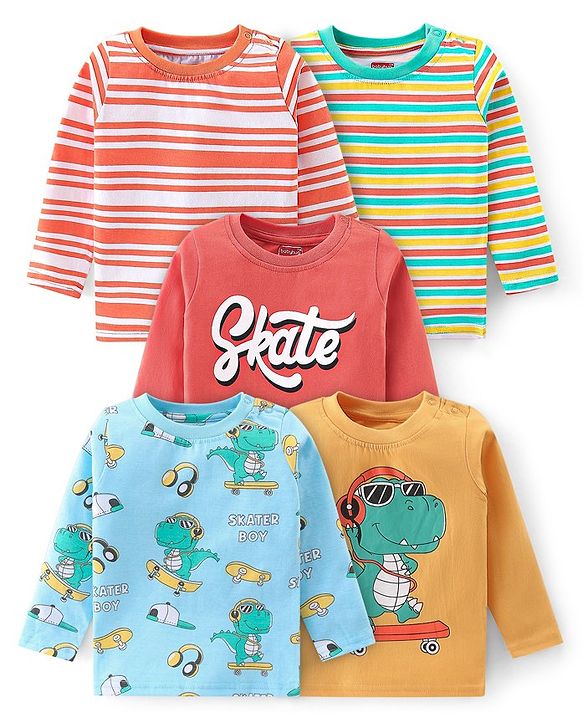 Babyhug Cotton Knit Full Sleeves T-Shirts With Stripe & Text Graphics Design Pack of 5 - Multicolor