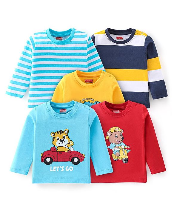 Babyhug Cotton Knti Full Sleeves T-Shirts Striped & Tiger Printed Pack of 5 - Blue Red & Yellow