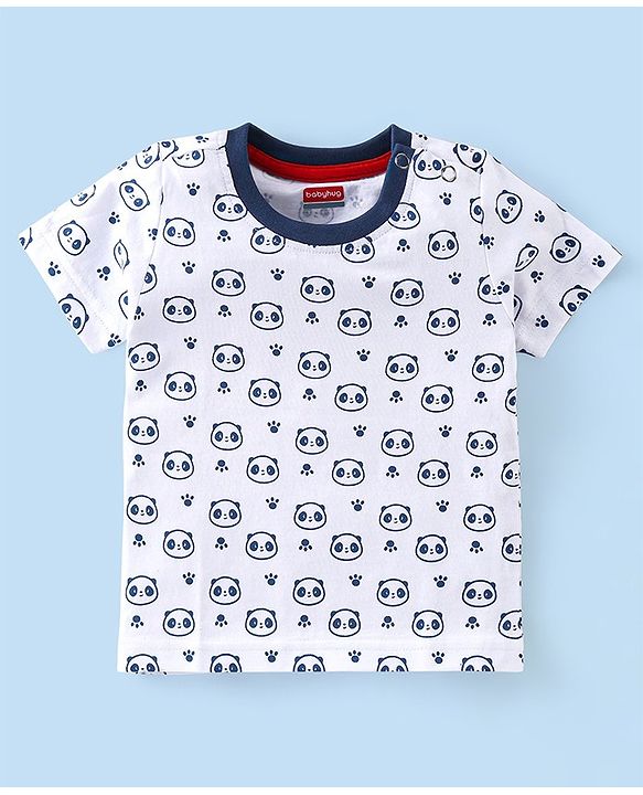 Babyhug Cotton Knit Half Sleeves T-Shirt & Lounge Pant Set with Hoodie Panda Print - Red White & Blue