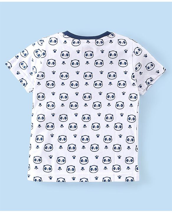 Babyhug Cotton Knit Half Sleeves T-Shirt & Lounge Pant Set with Hoodie Panda Print - Red White & Blue