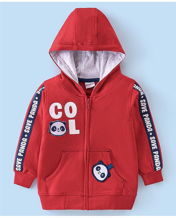 Babyhug Cotton Knit Half Sleeves T-Shirt & Lounge Pant Set with Hoodie Panda Print - Red White & Blue