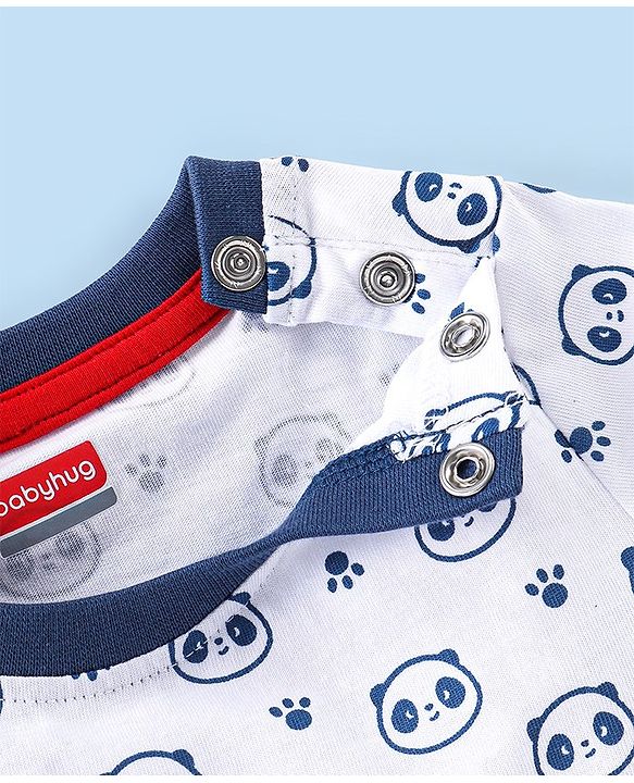 Babyhug Cotton Knit Half Sleeves T-Shirt & Lounge Pant Set with Hoodie Panda Print - Red White & Blue