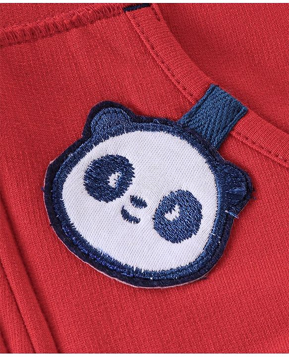 Babyhug Cotton Knit Half Sleeves T-Shirt & Lounge Pant Set with Hoodie Panda Print - Red White & Blue