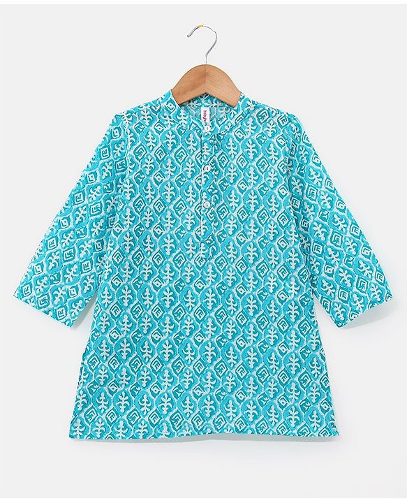 Babyhug 100% Cotton Knit Full Sleeves Printed Kurta & Dhoti Set - Aqua Blue & White
