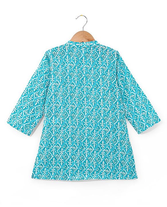 Babyhug 100% Cotton Knit Full Sleeves Printed Kurta & Dhoti Set - Aqua Blue & White