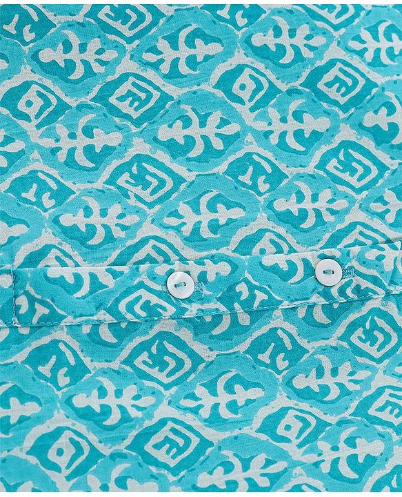 Babyhug 100% Cotton Knit Full Sleeves Printed Kurta & Dhoti Set - Aqua Blue & White