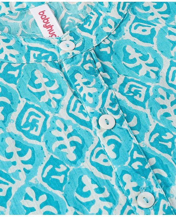 Babyhug 100% Cotton Knit Full Sleeves Printed Kurta & Dhoti Set - Aqua Blue & White
