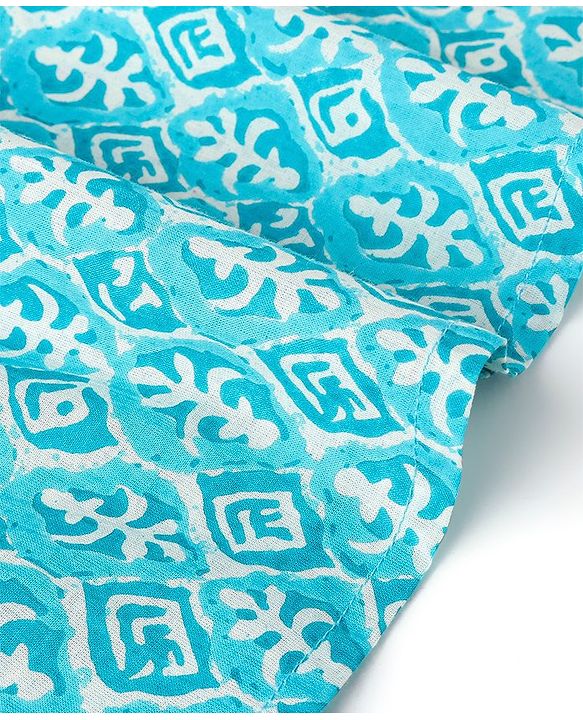 Babyhug 100% Cotton Knit Full Sleeves Printed Kurta & Dhoti Set - Aqua Blue & White