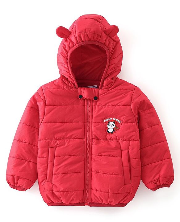 Babyhug Full Sleeves Solid Colour with Panda Patch Padded Hooded Jacket - Red