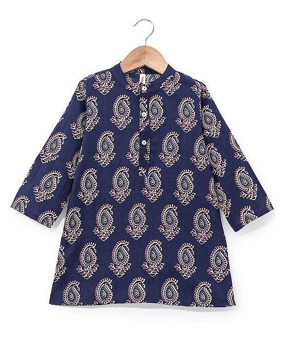 Babyhug 100% Cotton Knit Full Sleeves Ethnic Koyi Printed Kurta & Dhoti Set - Blue & Maroon