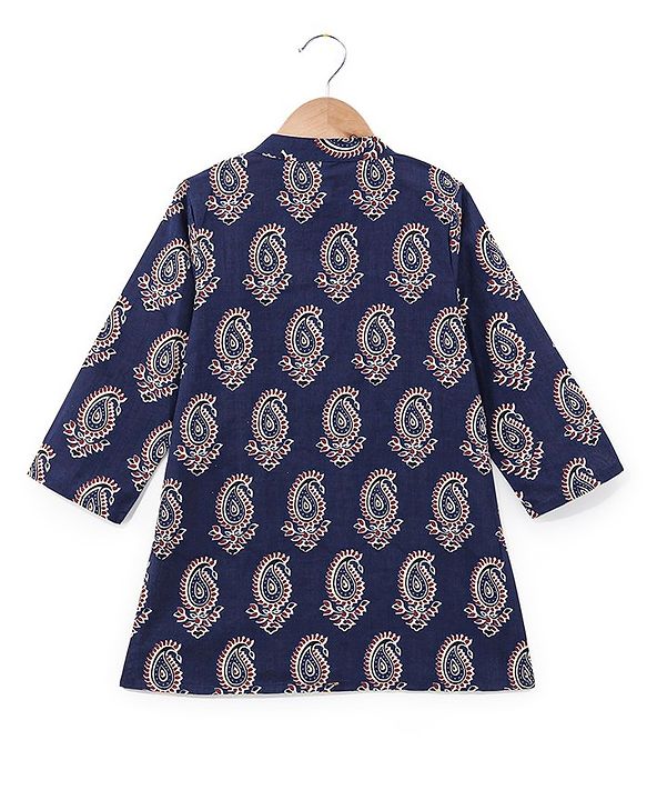 Babyhug 100% Cotton Knit Full Sleeves Ethnic Koyi Printed Kurta & Dhoti Set - Blue & Maroon