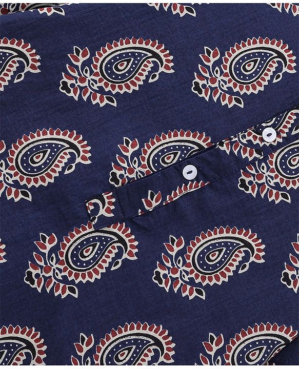 Babyhug 100% Cotton Knit Full Sleeves Ethnic Koyi Printed Kurta & Dhoti Set - Blue & Maroon