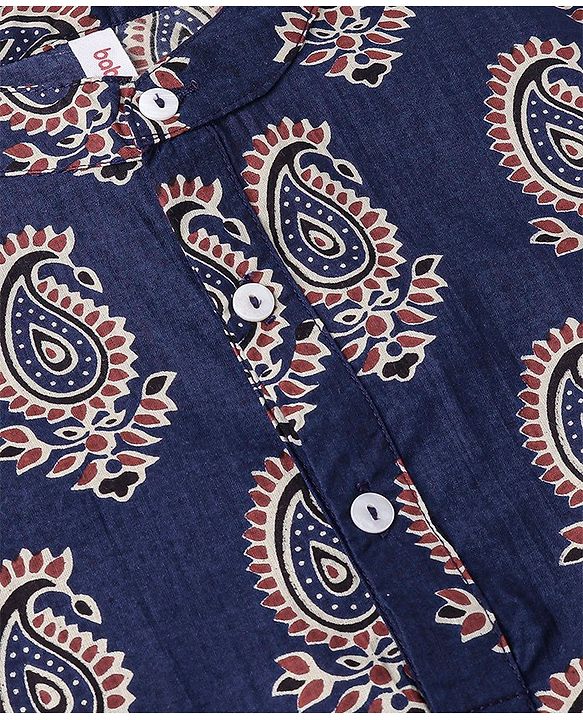 Babyhug 100% Cotton Knit Full Sleeves Ethnic Koyi Printed Kurta & Dhoti Set - Blue & Maroon