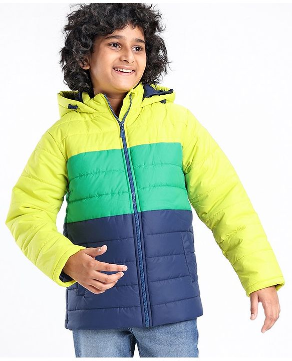 Pine Kids Full Sleeves Cut and Sew Tricolor Medium Winter Hooded Jacket - Multicolor