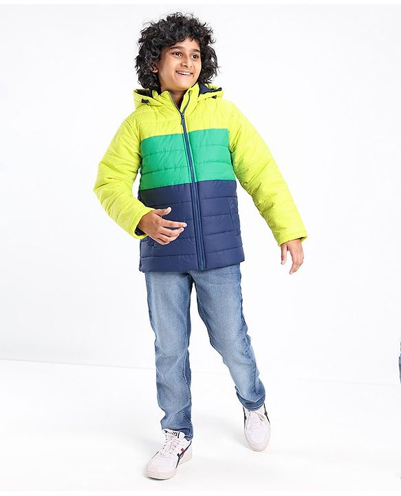 Pine Kids Full Sleeves Cut and Sew Tricolor Medium Winter Hooded Jacket - Multicolor