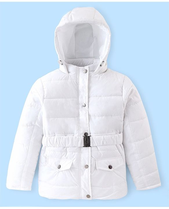 Pine Kids Full Sleeves Medium Winter Hooded Jacket With Belt - White