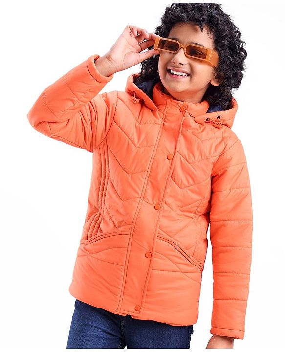 Pine Kids Full Sleeves Solid Colour Medium Winter Hooded Jacket - Orange