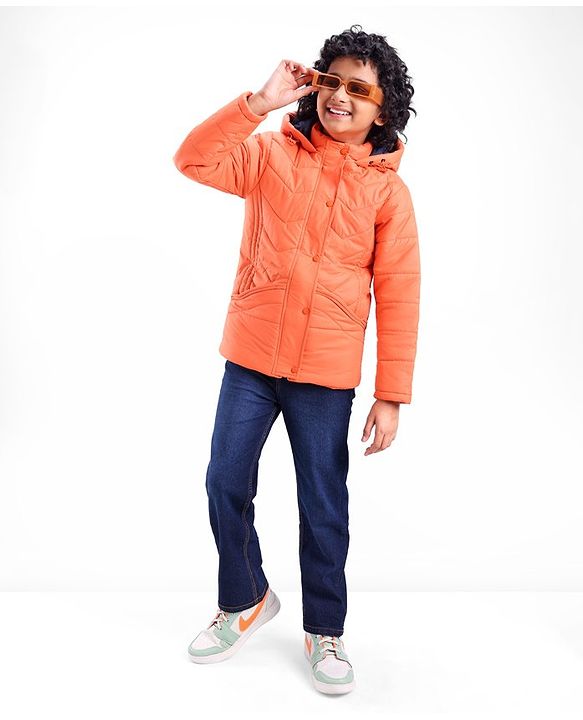 Pine Kids Full Sleeves Solid Colour Medium Winter Hooded Jacket - Orange