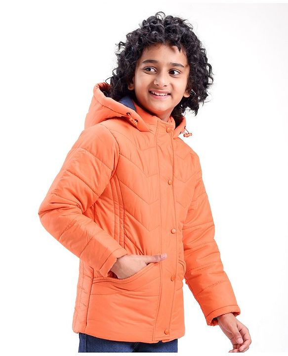 Pine Kids Full Sleeves Solid Colour Medium Winter Hooded Jacket - Orange