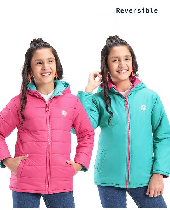 Pine Kids Full Sleeves Solid Color Reversible Medium Winter Hoded Jacket -Turquise & Dark Pink