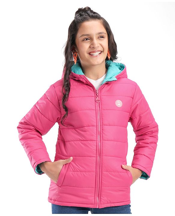 Pine Kids Full Sleeves Solid Color Reversible Medium Winter Hoded Jacket -Turquise & Dark Pink