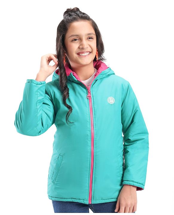 Pine Kids Full Sleeves Solid Color Reversible Medium Winter Hoded Jacket -Turquise & Dark Pink
