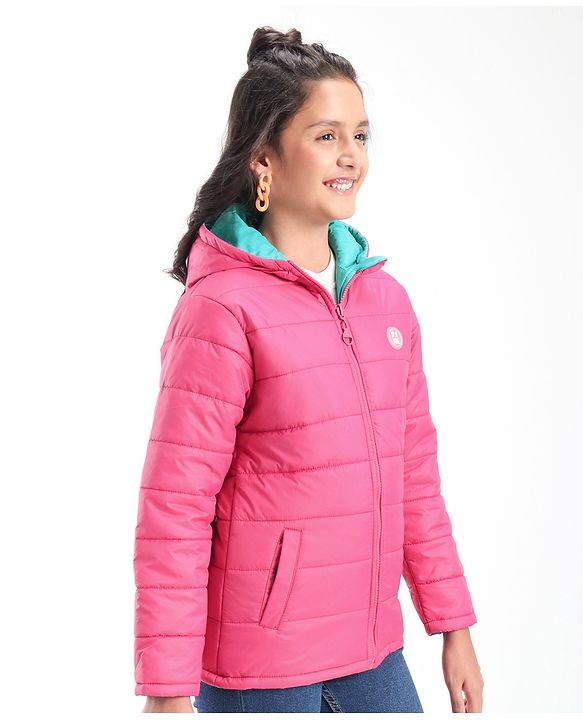 Pine Kids Full Sleeves Solid Color Reversible Medium Winter Hoded Jacket -Turquise & Dark Pink
