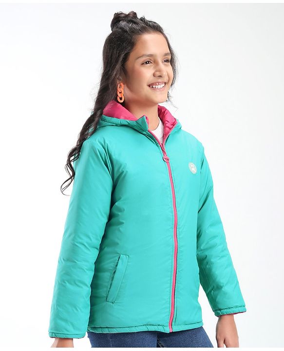 Pine Kids Full Sleeves Solid Color Reversible Medium Winter Hoded Jacket -Turquise & Dark Pink