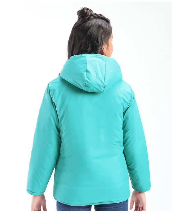 Pine Kids Full Sleeves Solid Color Reversible Medium Winter Hoded Jacket -Turquise & Dark Pink