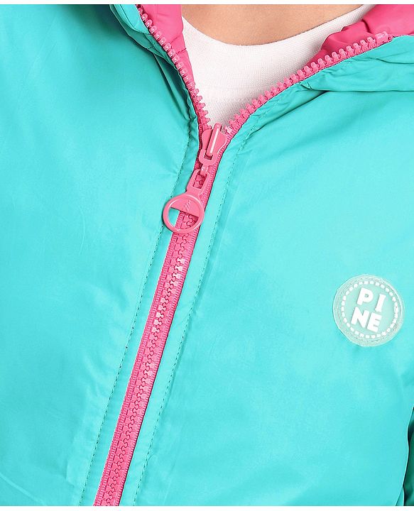 Pine Kids Full Sleeves Solid Color Reversible Medium Winter Hoded Jacket -Turquise & Dark Pink