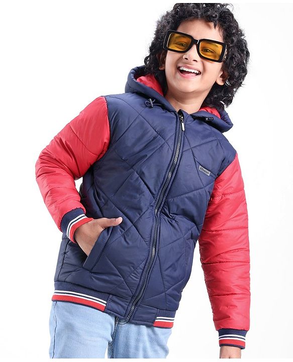 Pine Kids Woven Full Sleeves Quilted Medium Winter Hooded Jacket - Navy Blue