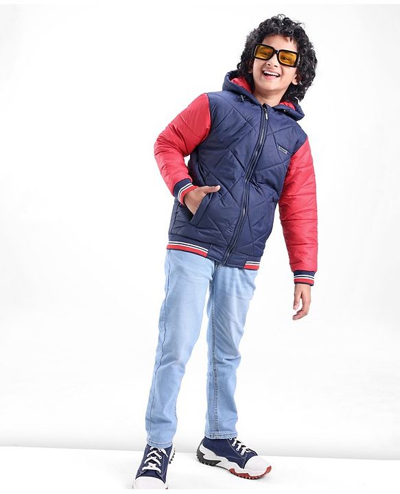 Pine Kids Woven Full Sleeves Quilted Medium Winter Hooded Jacket - Navy Blue